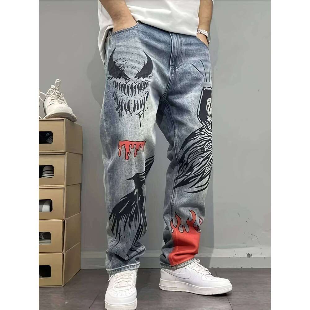 Retro American-Style Blue American Street Graffiti Print Loose Straight-Leg Denim Pants W260617 - view 5