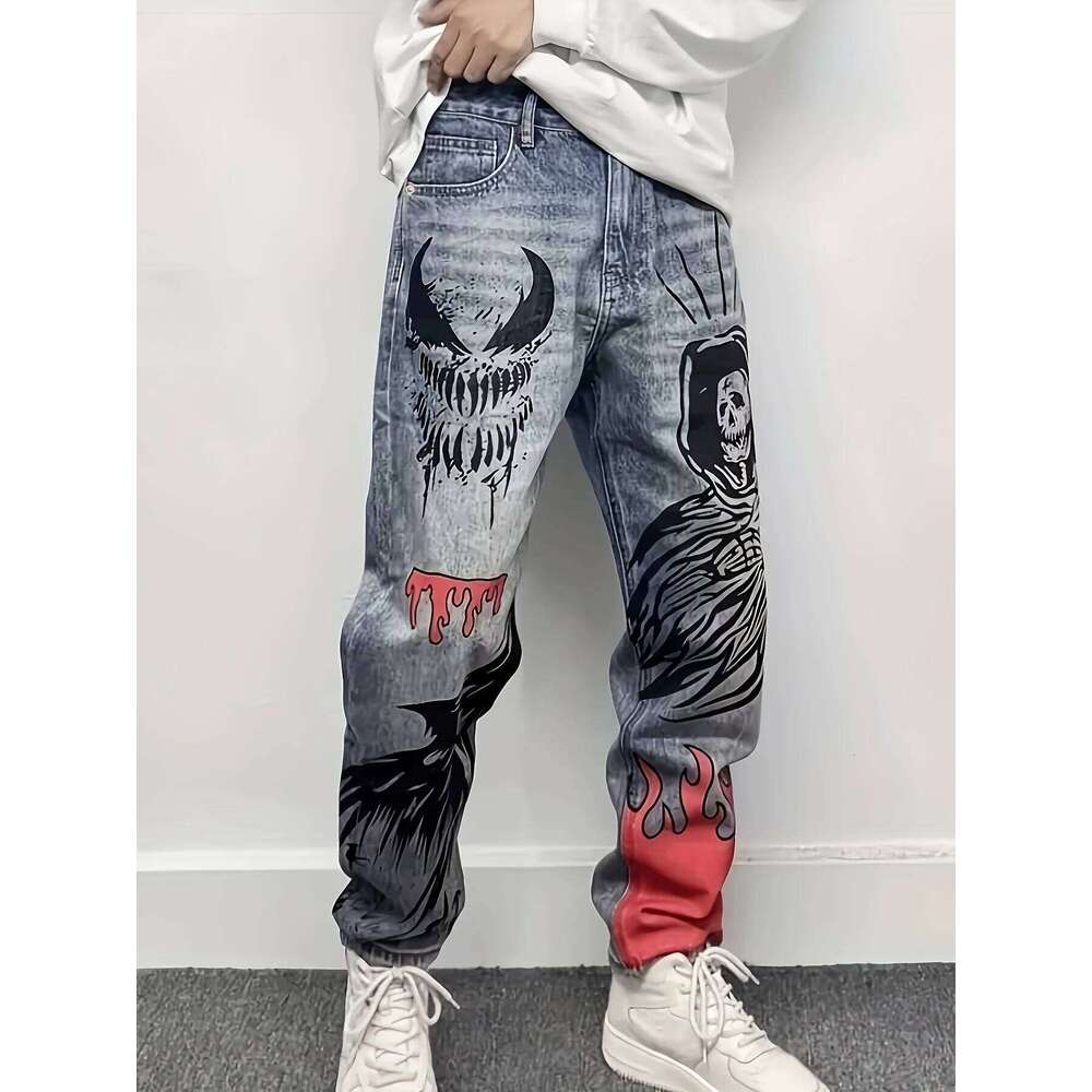 Retro American-Style Blue American Street Graffiti Print Loose Straight-Leg Denim Pants W260617 - view 3