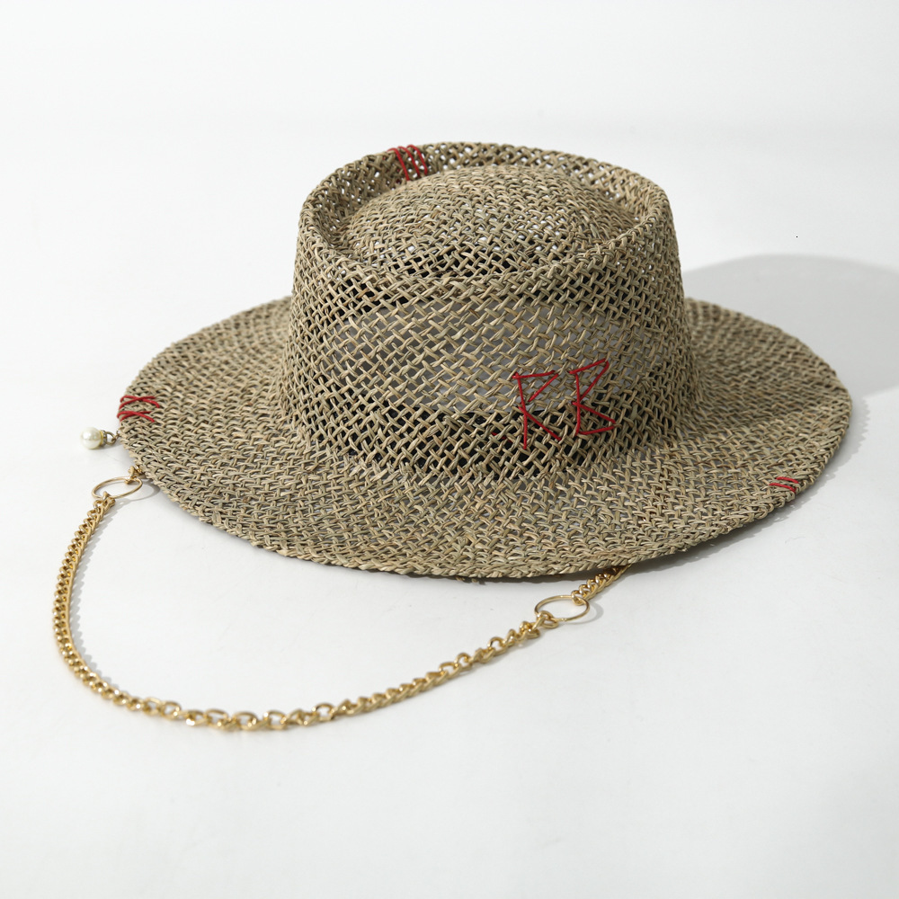 Summer sun hat Lafite grass French straw hat Womens chain decorated straw hat Holiday Sun hat Punk style beach 250325