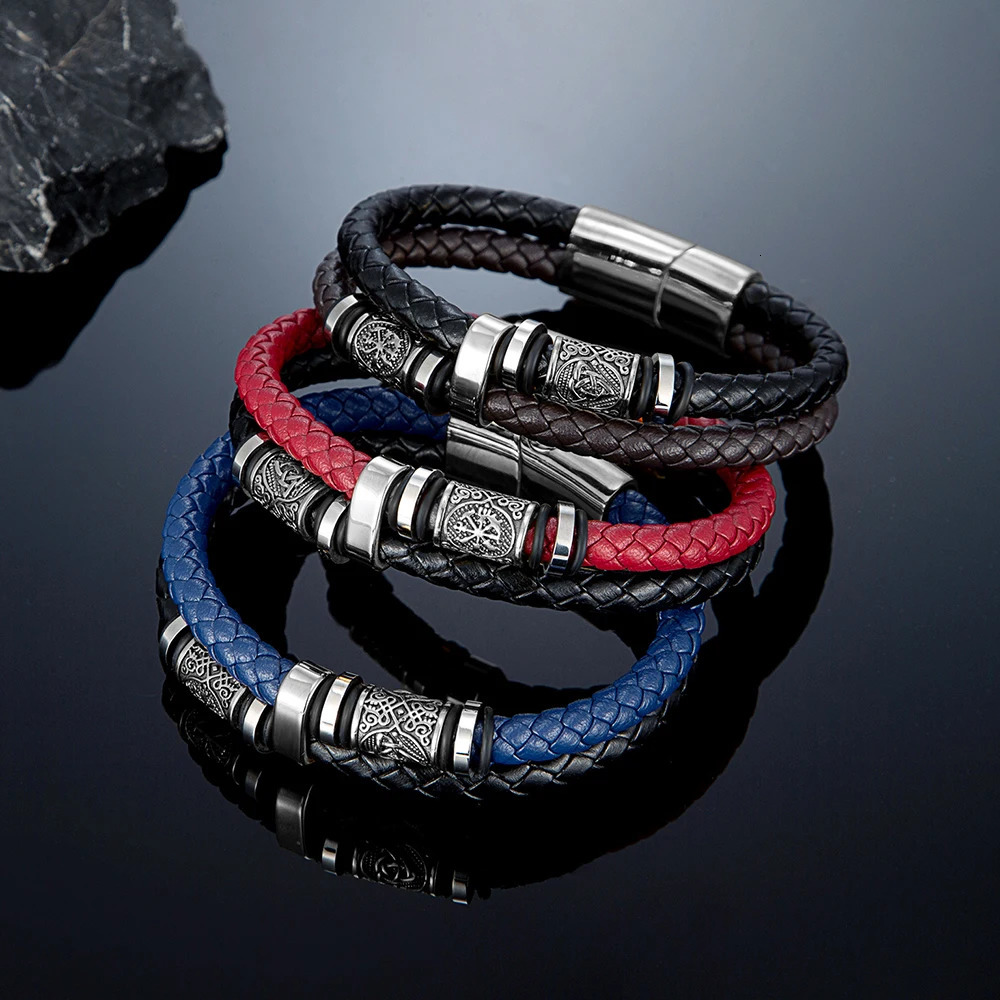 Viking Norse Runes Bracelet Men Women Punk Stainless Steel Genuine Leather Adjustable Bangle Scandinavian Couple Jewelry Gifts 260616 - view 4