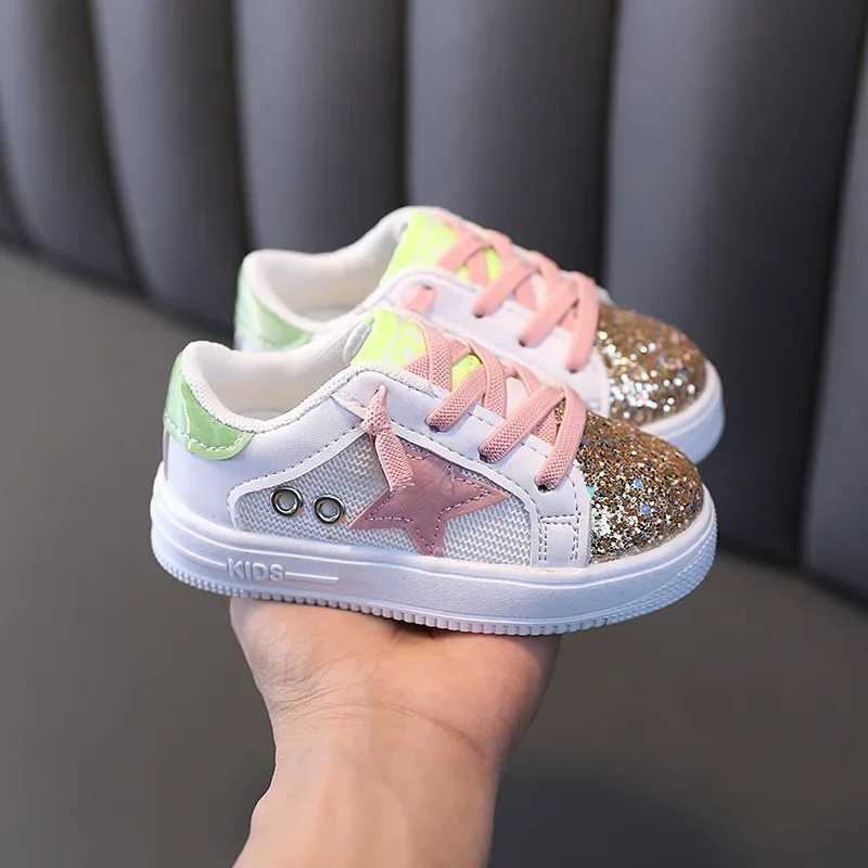 Children New Casual Sneakers Fashion Glitter Sequins Soft Bottom Breathable Board Sneaker Shoes Baby Girls Lace Up Sports Shoes C260617