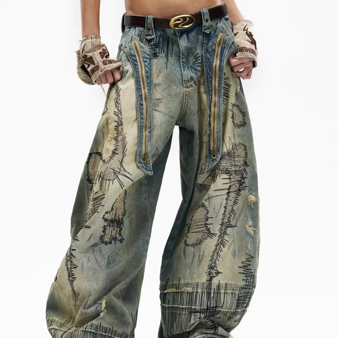 American Fashion Mens Blue Casual Trendy Daily Loose Wide Leg Hole Patched Embroideried Denim Trousers Male Jeans Pants 260612 - view 3