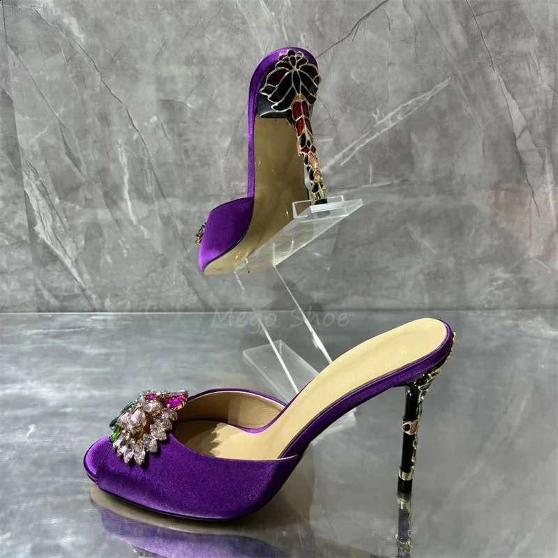 Crystal Stiletto High Heels Purple Velvet Slippers for Women Banquet Shoes Sexy Sandals Shoes Handmade High Quality Big Size 43 260616 - view 6