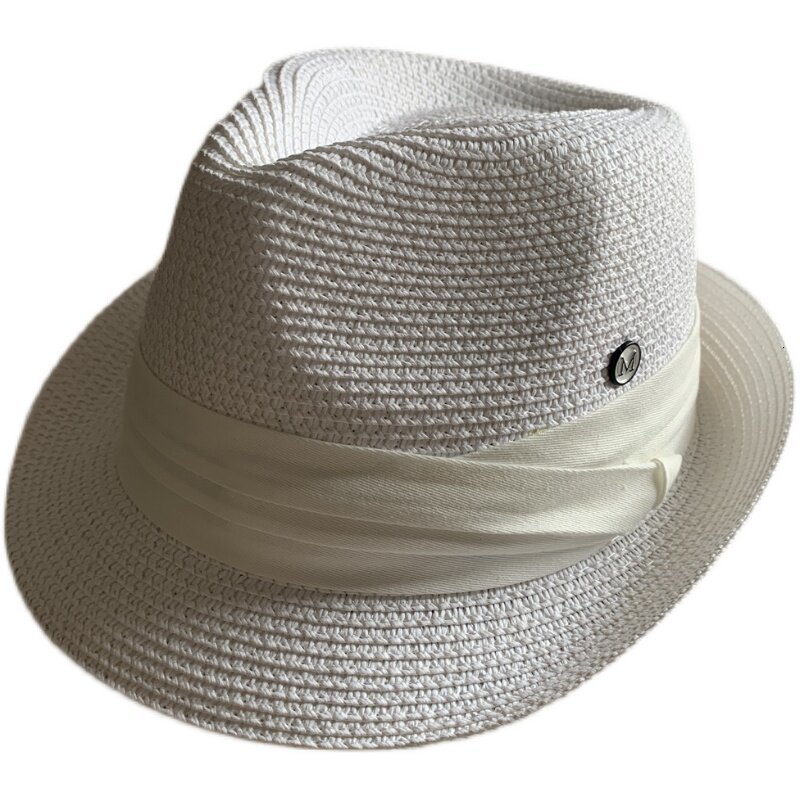 Summer white rolledbrimmed straw hat shortbrimmed breathable sunprotective casual British jazz for young men and women 250905