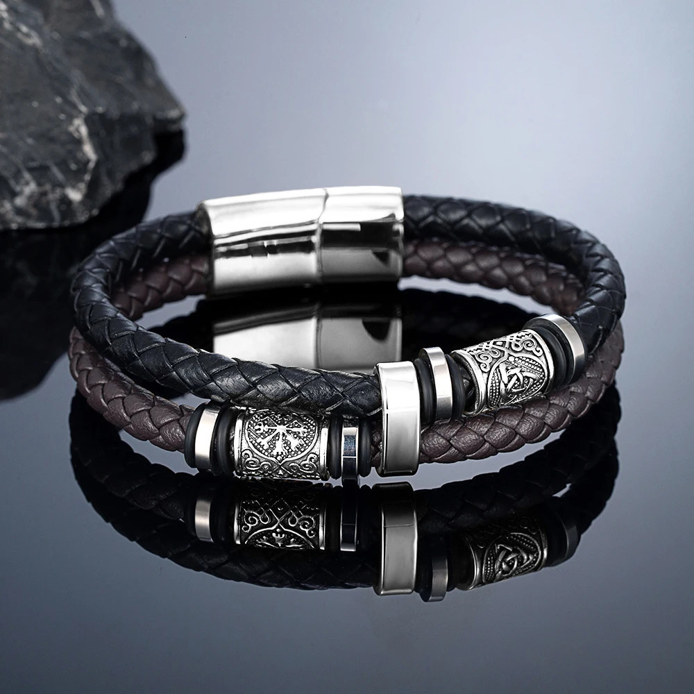 Viking Norse Runes Bracelet Men Women Punk Stainless Steel Genuine Leather Adjustable Bangle Scandinavian Couple Jewelry Gifts 260616 - view 3