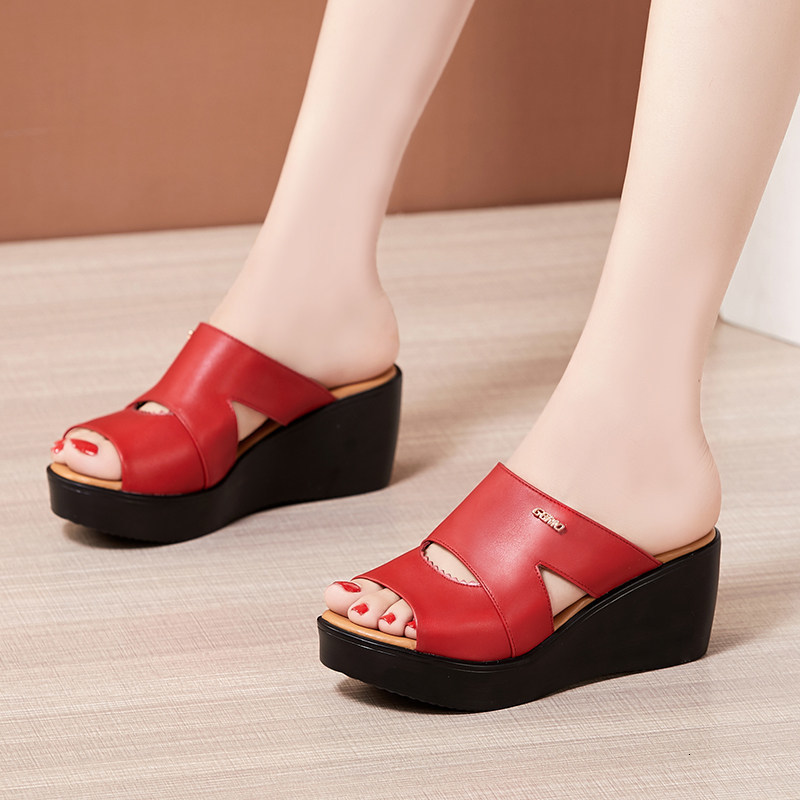 10cm Small Size 32-43 Soft Leather Slippers Womens Block High Heels Slides Thick Bottom Platform Sandals for Office Model 240618