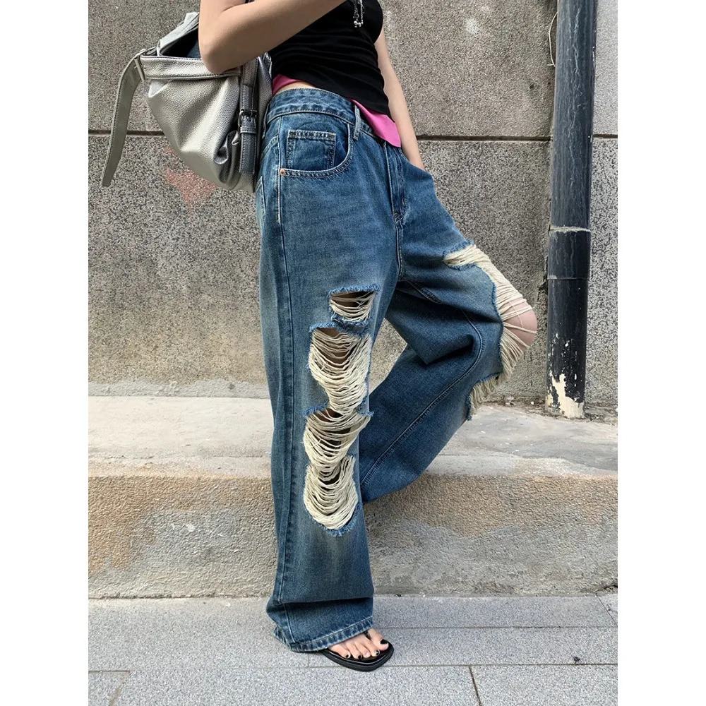 Wide Leg Pants Jean Ripped Hole Trousers Summer Low Waist Washed Distressed Floor Length 2025 Streetwear Vintage Denims 260611 - view 5
