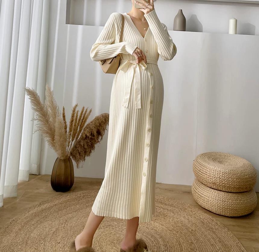 Clothes for Pregnant Women Beading Ruffle Pregnancy Autumn Winter Knitted Maternity Sweaters Chic Ins Elegant A Line Slim Dress 250911