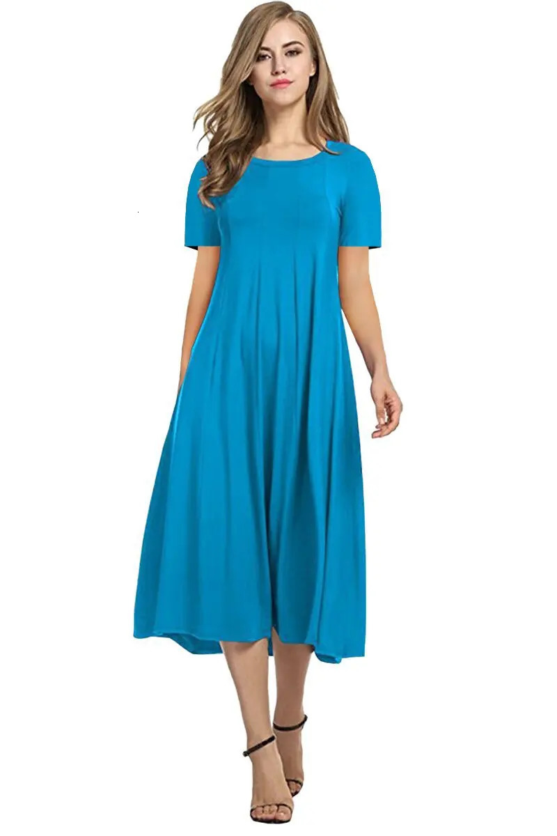 2026 European and American Summer Womens Round Neck Short Sleeve Solid Color Flared Dress 260625 - view 7