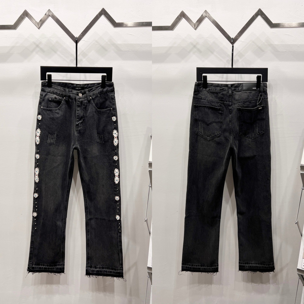 Punk Vintage Rhinestone Embellished Black Jeans Y2k American Style Streetwear Baggy Wide Leg Jeans Men Women Ripped Denim Pants 250305