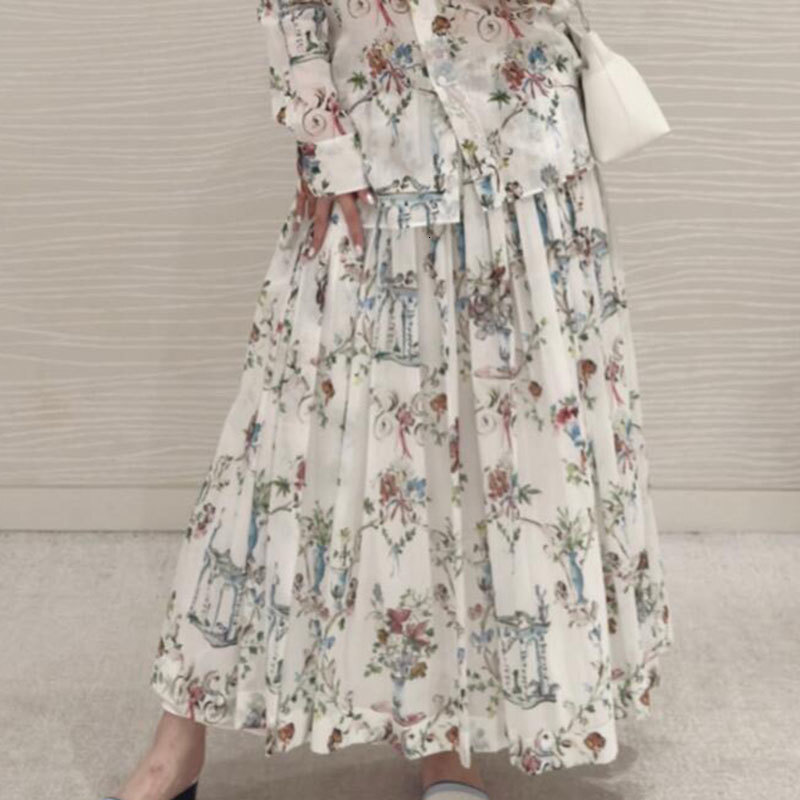 Ladies Summer New Elastic Waist Print Midi Skirt, Designer Vintage Luxury High Waist Bow Detail Silk Cotton A-Line Skirt, Party Street Chic Elegant We