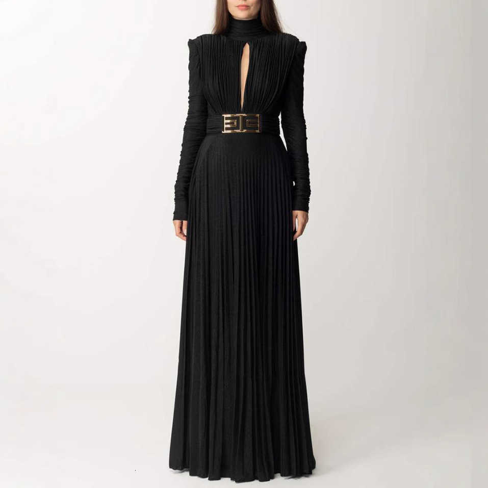 Elegant Sleeve Evening Dresses - Women's Fashion High Waist Slim Solid Long Deep V-Neck Draped Party Dress 2025 C260312
