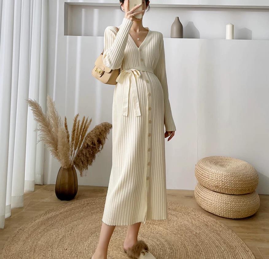 Clothes for Pregnant Women Beading Ruffle Pregnancy Autumn Winter Knitted Maternity Sweaters Chic Ins Elegant A Line Slim Dress 250911