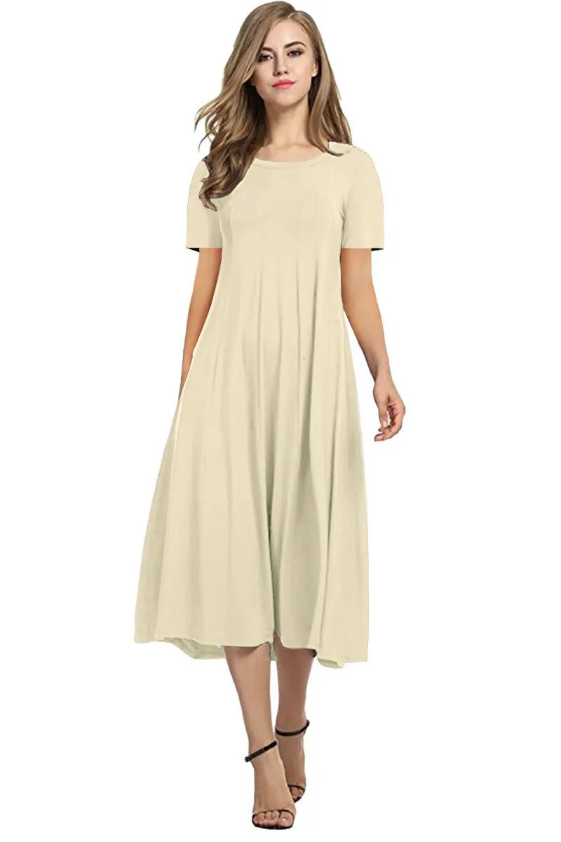 2026 European and American Summer Womens Round Neck Short Sleeve Solid Color Flared Dress 260625 - view 4