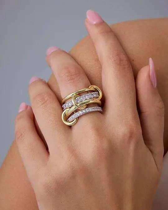 14K Gold Plated Interlocked Stackable Statement Ring for Women Chunky Multi Band Double Triple Ring, Two Tone 925 silver with Moissanite - view 3