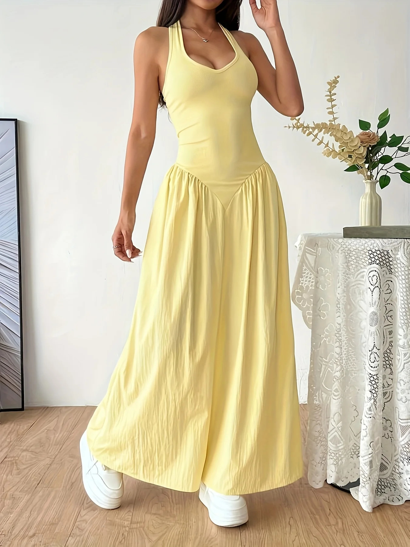 2026Women Yellow Halter Neck Maxi Dress Sleeveless VNeck Backless ALine Long Casual Summer Elegant Beach Party Dresses 260625 - view 6