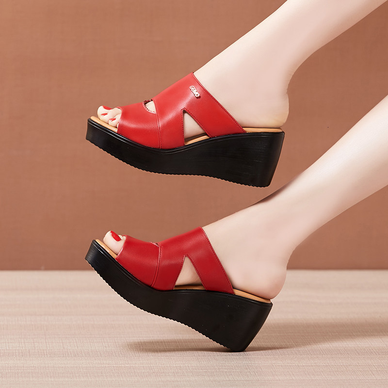 10cm Small Size 32-43 Soft Leather Slippers Womens Block High Heels Slides Thick Bottom Platform Sandals for Office Model 240618