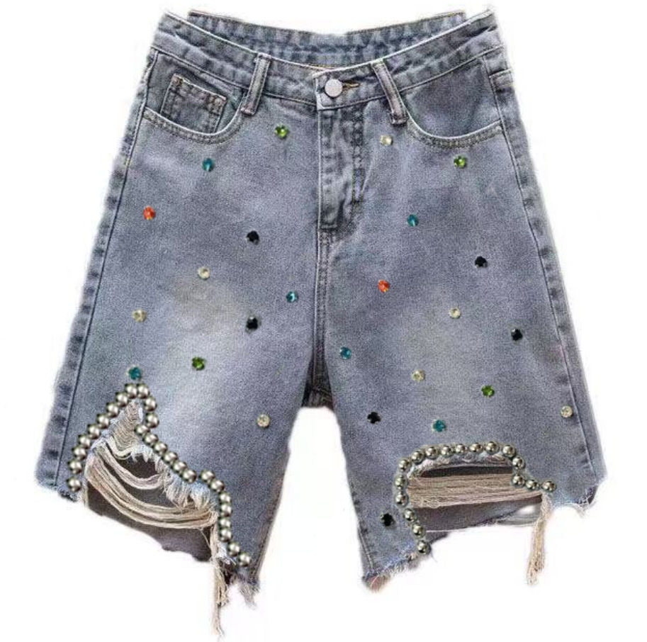 Women's Jeans Colorful Diamond-inlaid Ripped Denim Cropped Trousers Summer High-waist Loose Breeches For Women