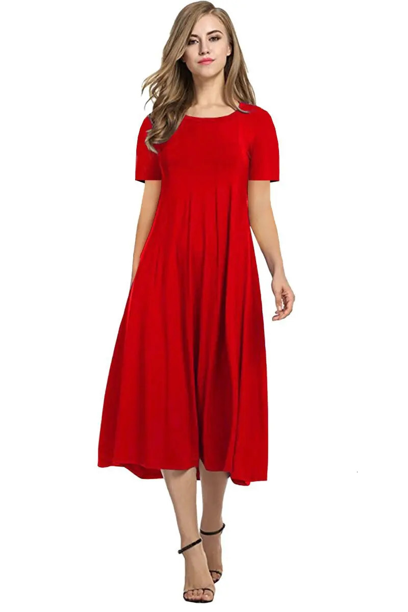 2026 European and American Summer Womens Round Neck Short Sleeve Solid Color Flared Dress 260625 - view 5