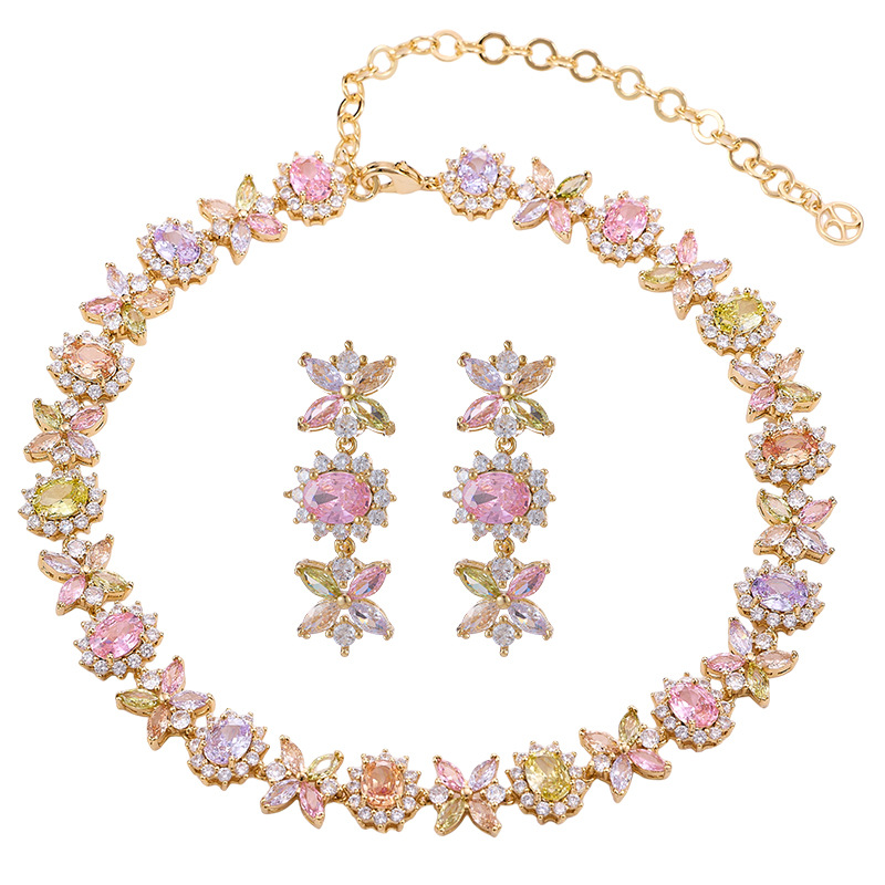 2026 Symmetric Floral Butterfly Multi Color Cubic Zirconia Choker Mixed Pastel Gemstone Halo Setting Elegant Formal Party Necklace - view 6