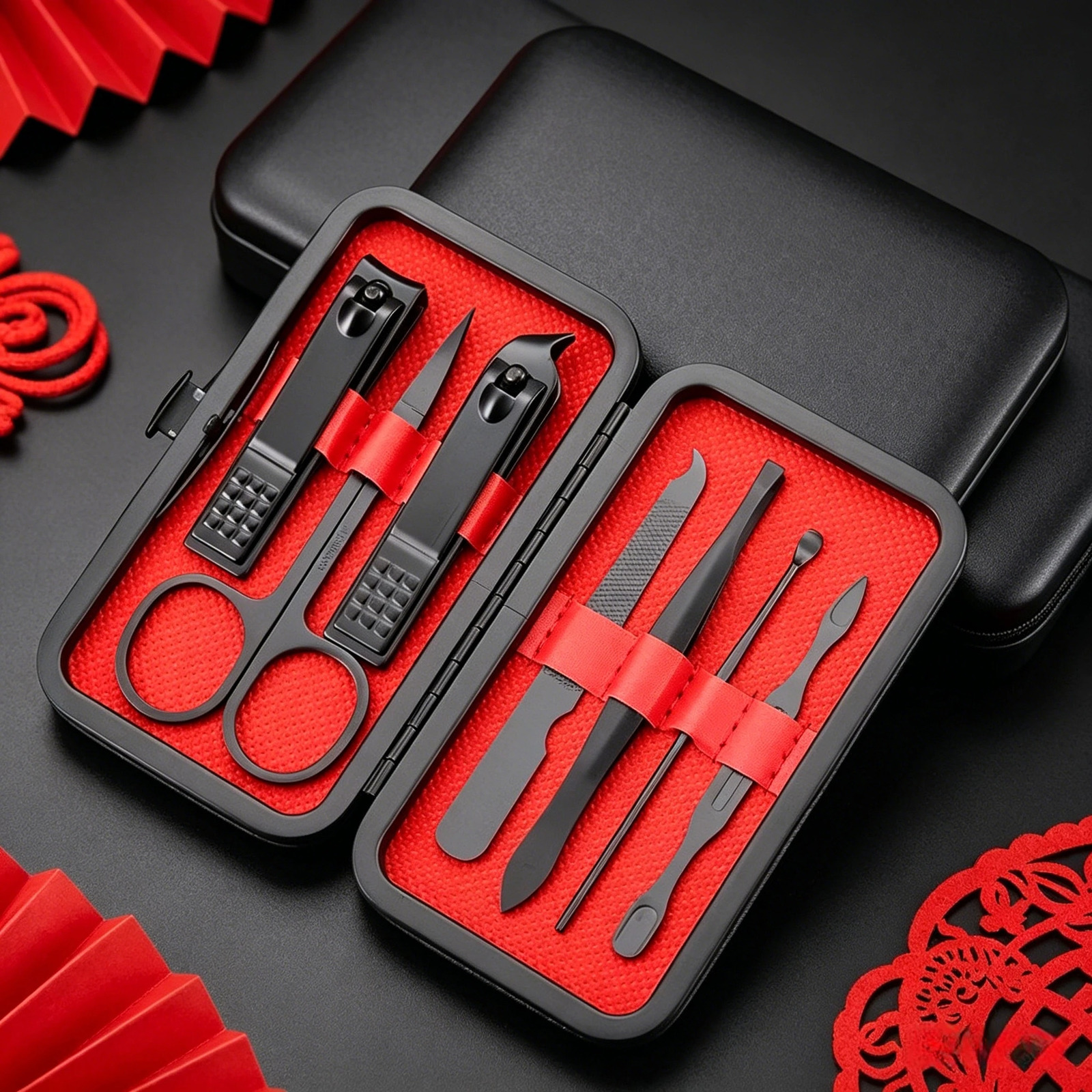7Pcs Black Coated Stainless Steel Manicure Pedicure Kit Professional Nail Clipper Cuticle Trimmer Ear Pick Eyebrow Scissor Travel Grooming 260615 - view 3