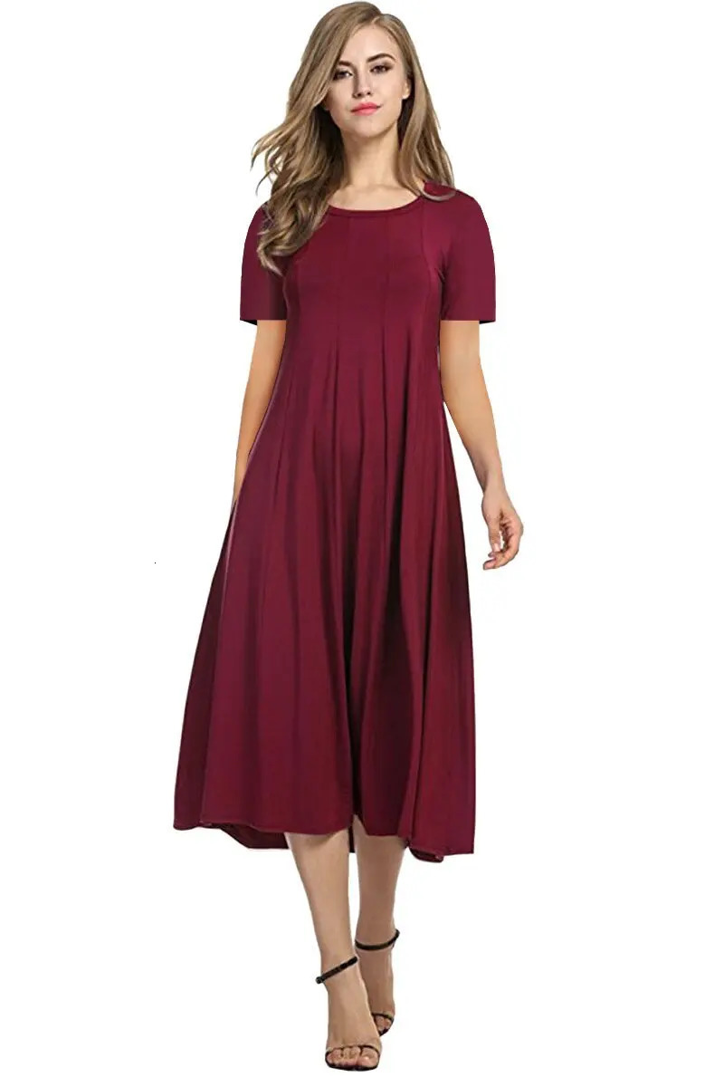 2026 European and American Summer Womens Round Neck Short Sleeve Solid Color Flared Dress 260625 - view 6