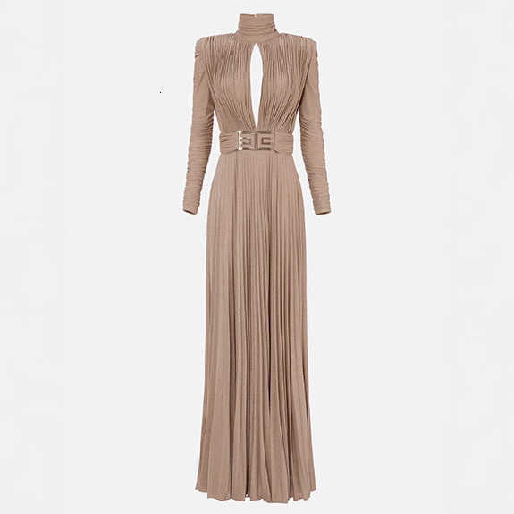 Elegant Sleeve Evening Dresses - Women's Fashion High Waist Slim Solid Long Deep V-Neck Draped Party Dress 2025 C260312