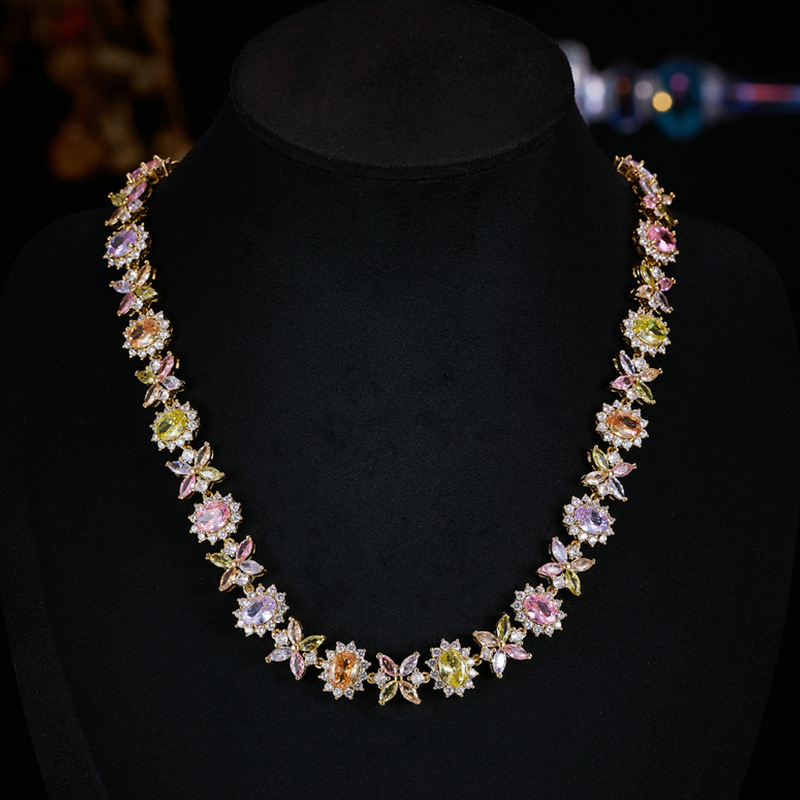 2026 Symmetric Floral Butterfly Multi Color Cubic Zirconia Choker Mixed Pastel Gemstone Halo Setting Elegant Formal Party Necklace - view 3