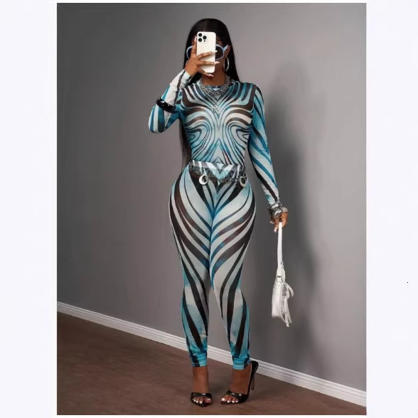 Simenual 90s Rave Mesh Printed Co Ord Suits Women Sexy See Through Pullovers T-Shirts Skinny Pencil Pants Y2K Club Two Piece Set 250107