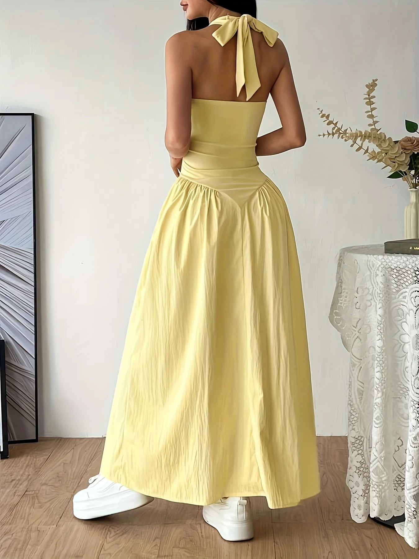 2026Women Yellow Halter Neck Maxi Dress Sleeveless VNeck Backless ALine Long Casual Summer Elegant Beach Party Dresses 260625 - view 3