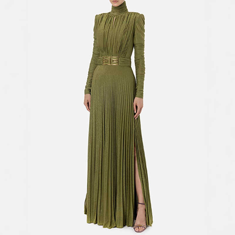 Elegant Sleeve Evening Dresses - Women's Fashion High Waist Slim Solid Long Deep V-Neck Draped Party Dress 2025 C260312