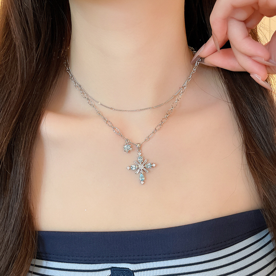 European and American cross-border zircon cross pendant double-layer necklace, light luxury high-end clavicle chain, personalized hip-hop necklace for - view 4
