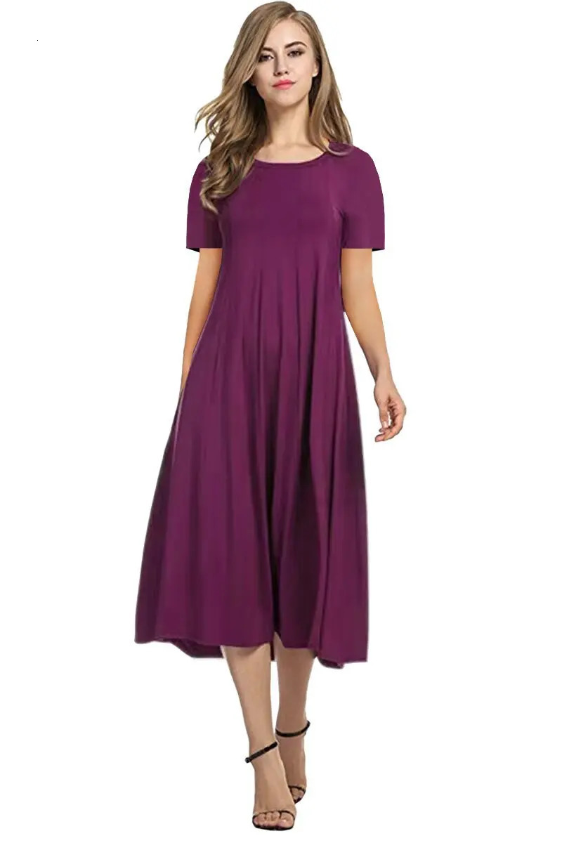 2026 European and American Summer Womens Round Neck Short Sleeve Solid Color Flared Dress 260625 - view 3