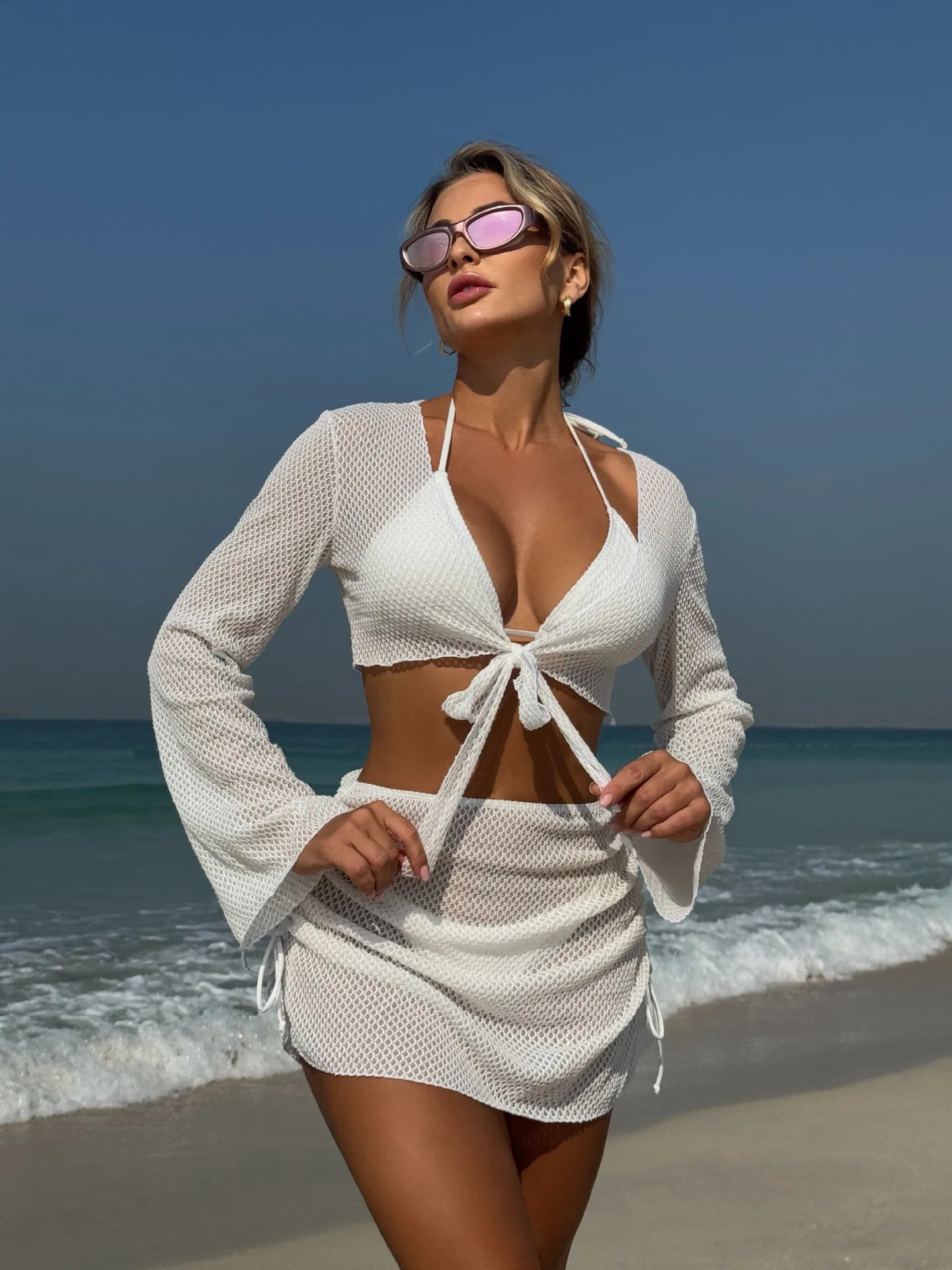 Summer Holiday 4 Piece Bikini Set 2026 Women Sexy White Long Sleeve Cover Up and Skirt Swimsuit Beach Bathing Suit Pool Swimwear 260615