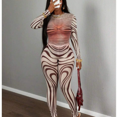 Simenual 90s Rave Mesh Printed Co Ord Suits Women Sexy See Through Pullovers T-Shirts Skinny Pencil Pants Y2K Club Two Piece Set 250107