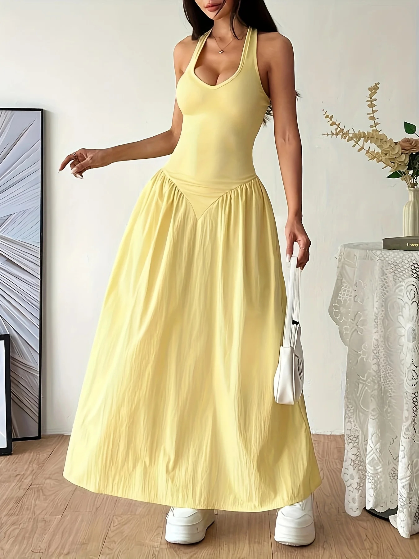 2026Women Yellow Halter Neck Maxi Dress Sleeveless VNeck Backless ALine Long Casual Summer Elegant Beach Party Dresses 260625 - view 5