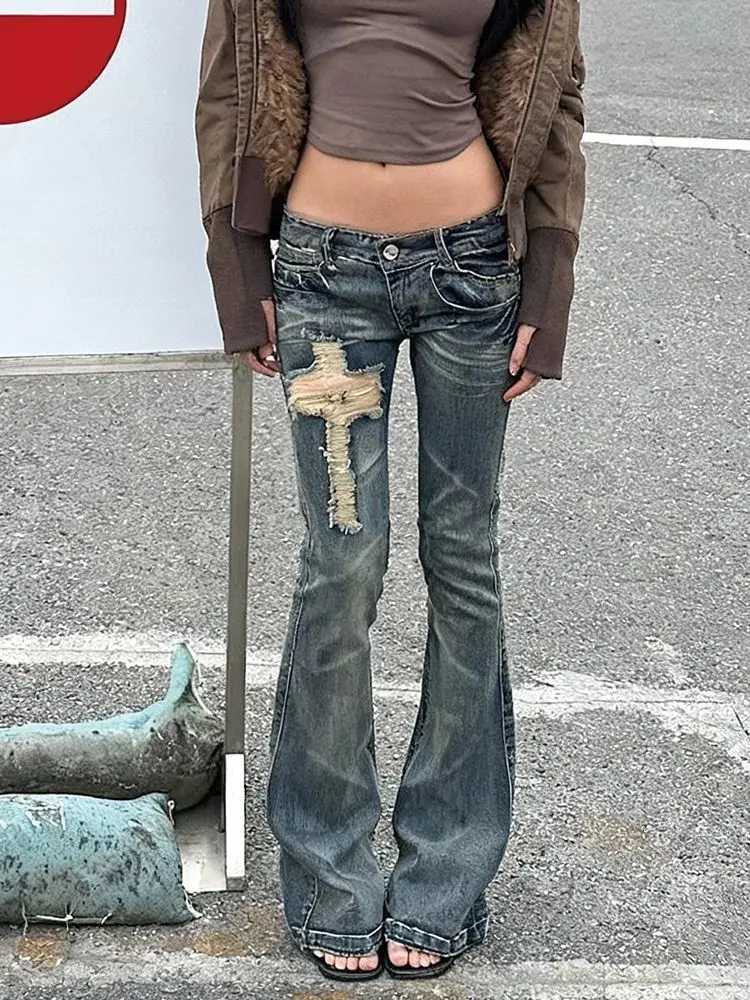 Women Vintage Blue Low Rise Ripped Flared Jeans American Retro Slim 90s 2000s Denim Pants Bell Bottom Y2k Harajuku TrousersT260618 - view 4