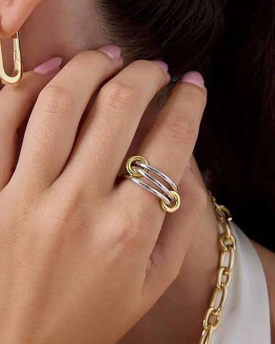 14K Gold Plated Interlocked Stackable Statement Ring for Women Chunky Multi Band Double Triple Ring, Two Tone 925 silver with Moissanite - view 6