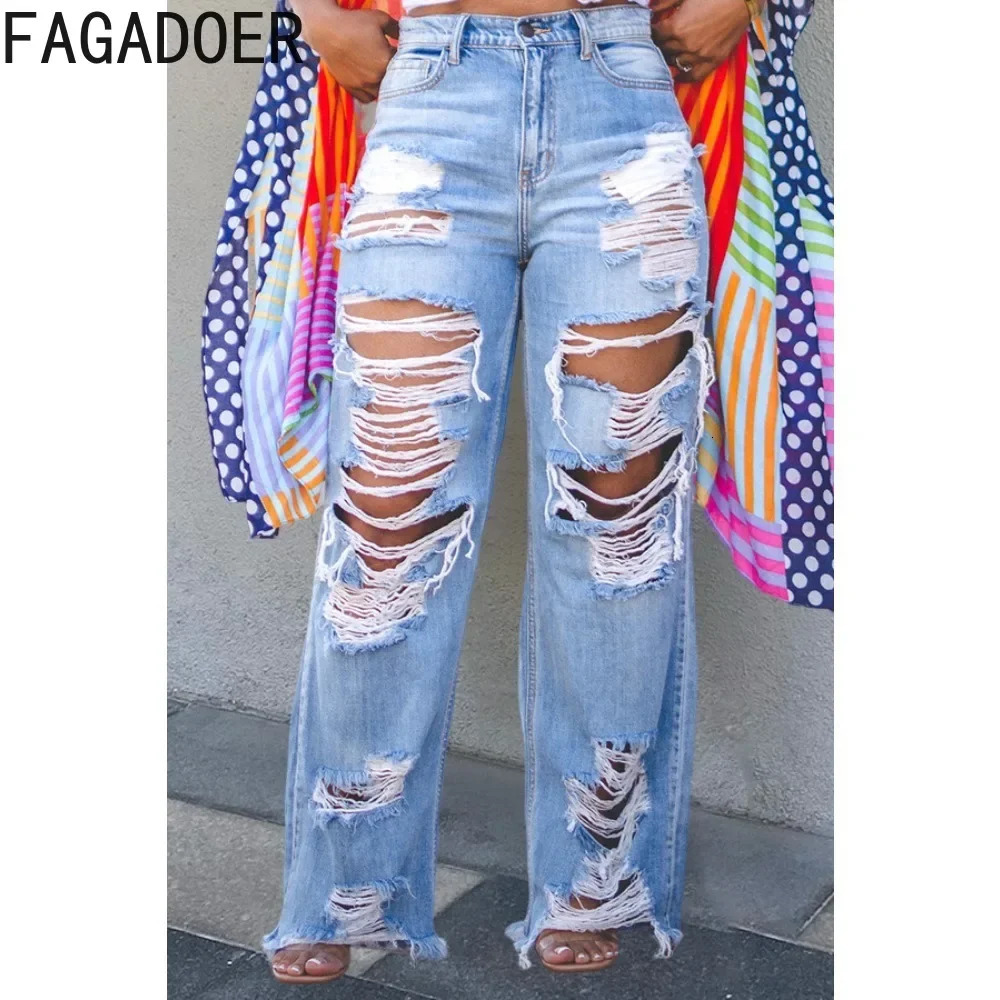 FAGADOER Fashion Hole Straight Jeans Pant High Waist Button Pocket Loose Denim Trousers Blue Casual Female Cowboy Bottoms 260611