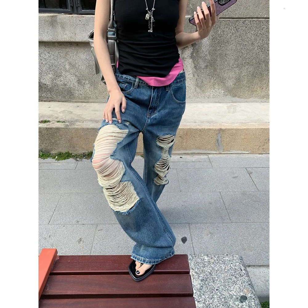 Wide Leg Pants Jean Ripped Hole Trousers Summer Low Waist Washed Distressed Floor Length 2025 Streetwear Vintage Denims 260611 - view 7