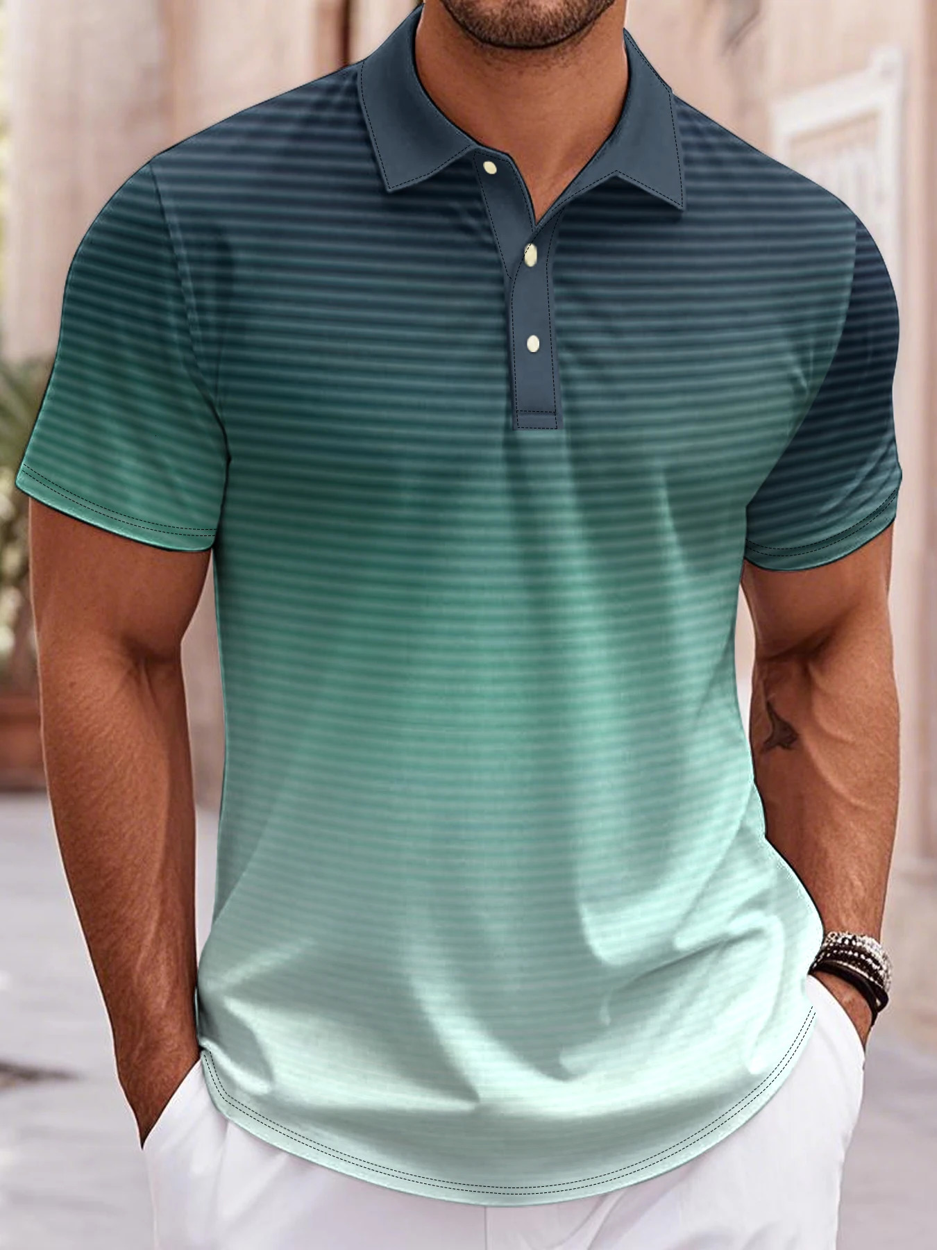 Mens Polo Shirt Gradient 3D Print Mens Tops Outdoor Casual Button Lapel T-Shirt Street Fashion Male Loose Oversized Clothing 260615CJ