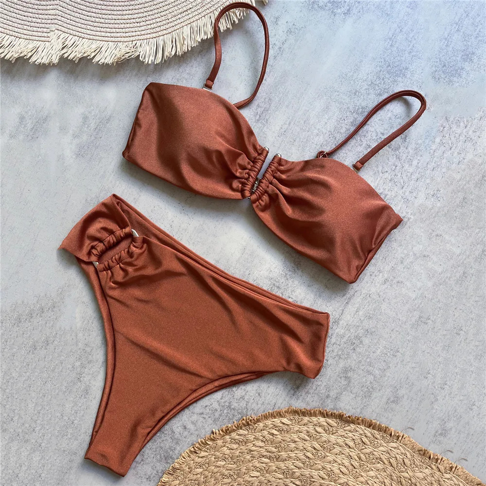 Brown Shiny U Shaped Bikini High Waist Sexy Swimsuit Women 2026 Wrinkled Solid Swimwears Bathing Suit Bandeau Bikinis Sets Mujer 260615