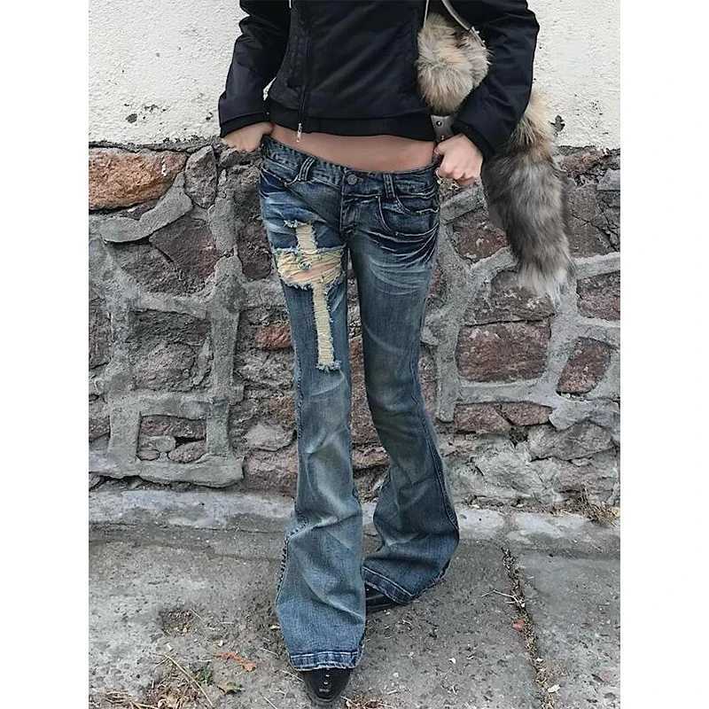 Women Vintage Blue Low Rise Ripped Flared Jeans American Retro Slim 90s 2000s Denim Pants Bell Bottom Y2k Harajuku TrousersT260618 - view 6