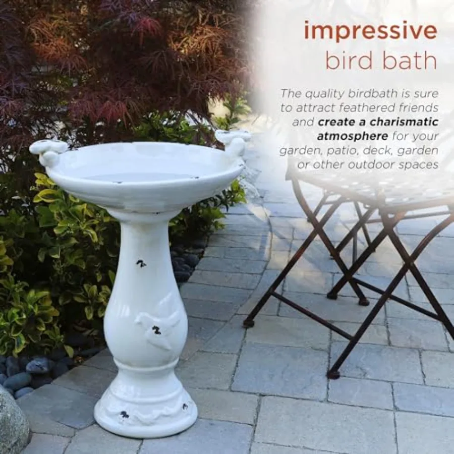 Antique Ceramic Birdbath 25 Inches Tall with 2 Figurines - Vintage Garden Bird Bath Bowl - view 5