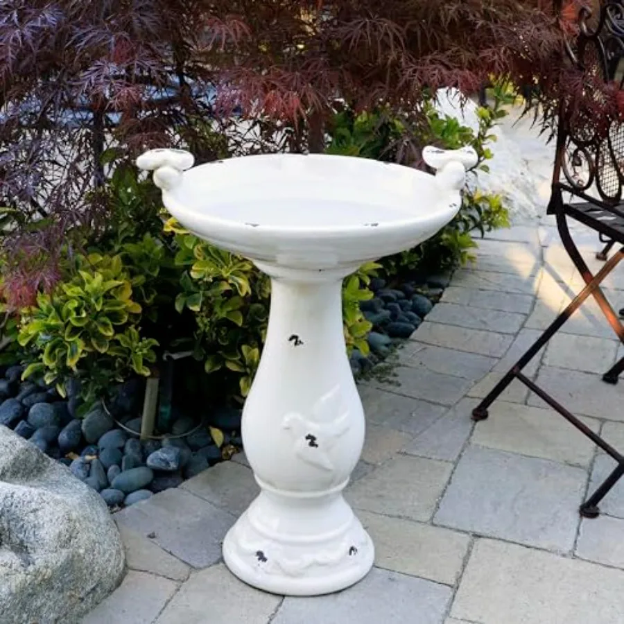 Antique Ceramic Birdbath 25 Inches Tall with 2 Figurines - Vintage Garden Bird Bath Bowl - view 3
