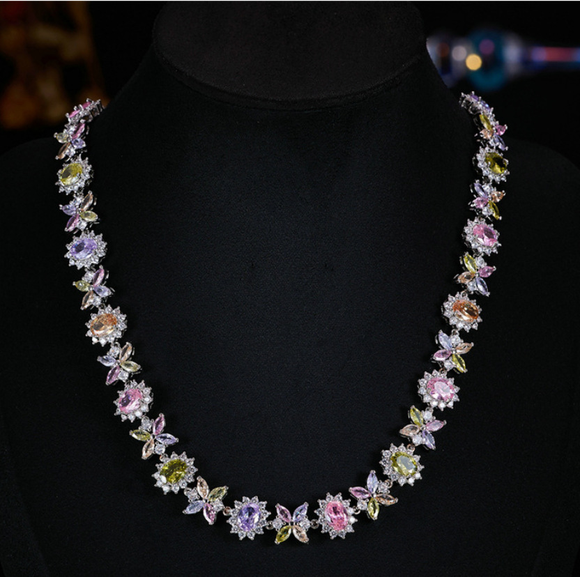 2026 Symmetric Floral Butterfly Multi Color Cubic Zirconia Choker Mixed Pastel Gemstone Halo Setting Elegant Formal Party Necklace