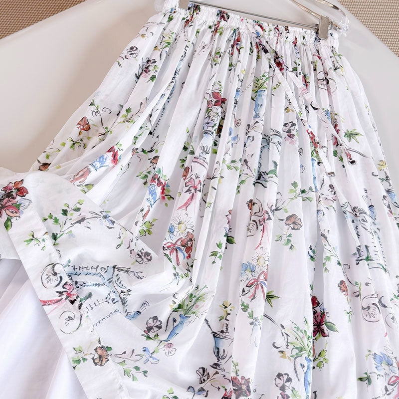 Ladies Summer New Elastic Waist Print Midi Skirt, Designer Vintage Luxury High Waist Bow Detail Silk Cotton A-Line Skirt, Party Street Chic Elegant We