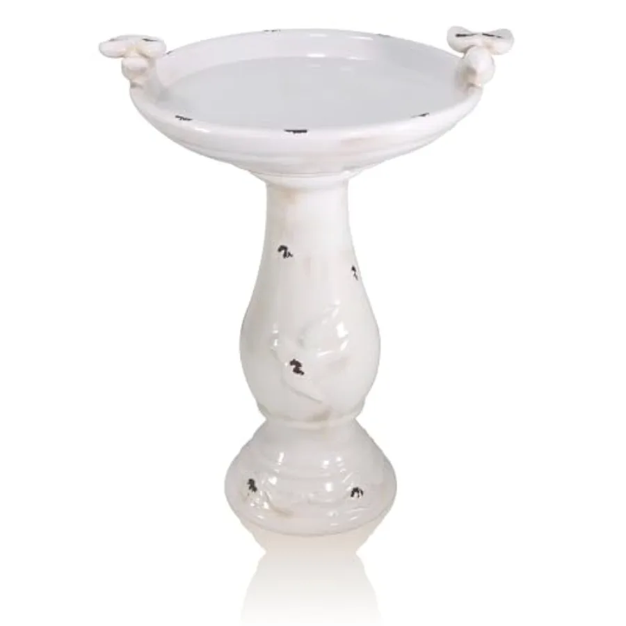 Antique Ceramic Birdbath 25 Inches Tall with 2 Figurines - Vintage Garden Bird Bath Bowl