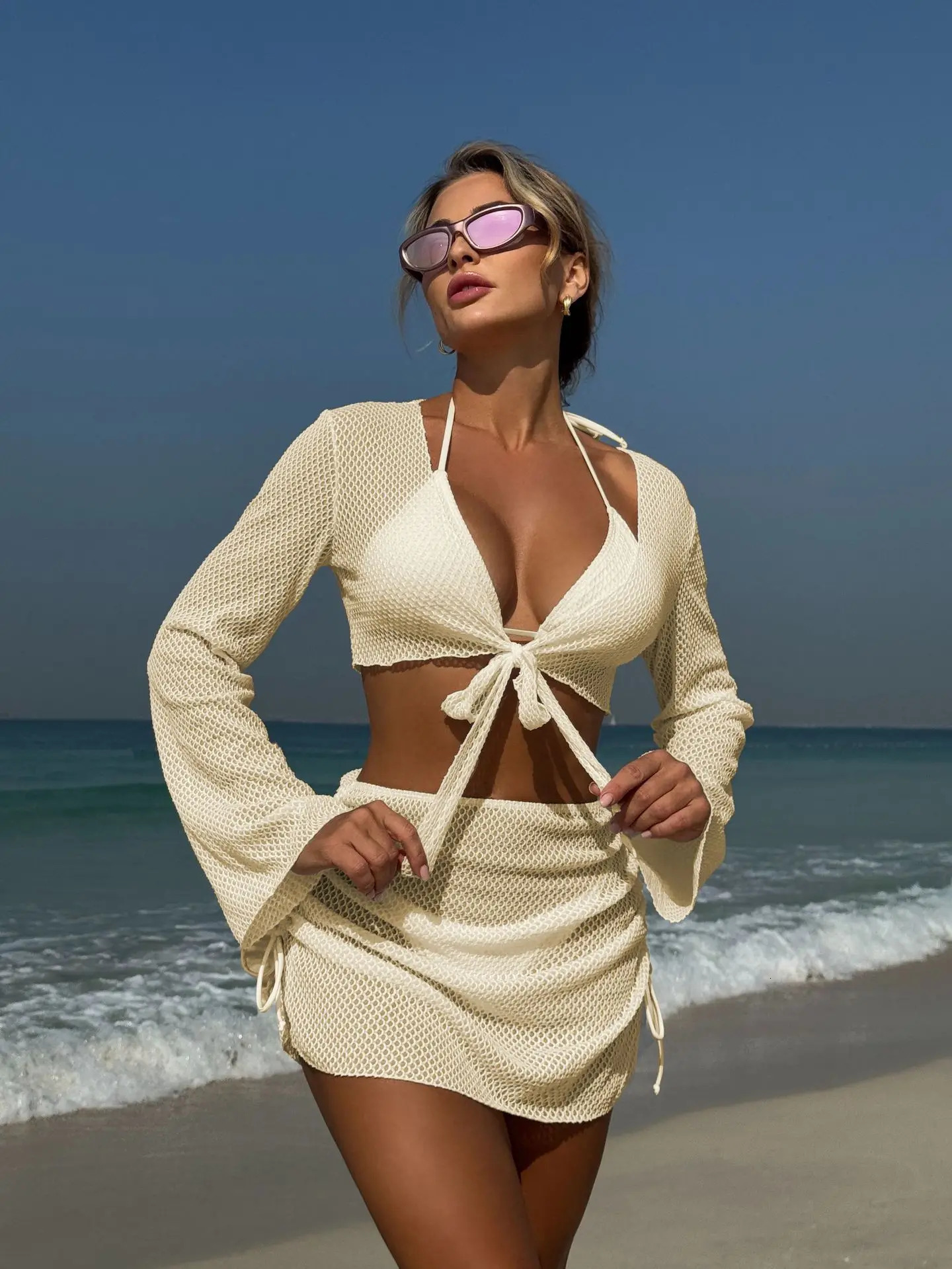 Summer Holiday 4 Piece Bikini Set 2026 Women Sexy White Long Sleeve Cover Up and Skirt Swimsuit Beach Bathing Suit Pool Swimwear 260615 - view 6