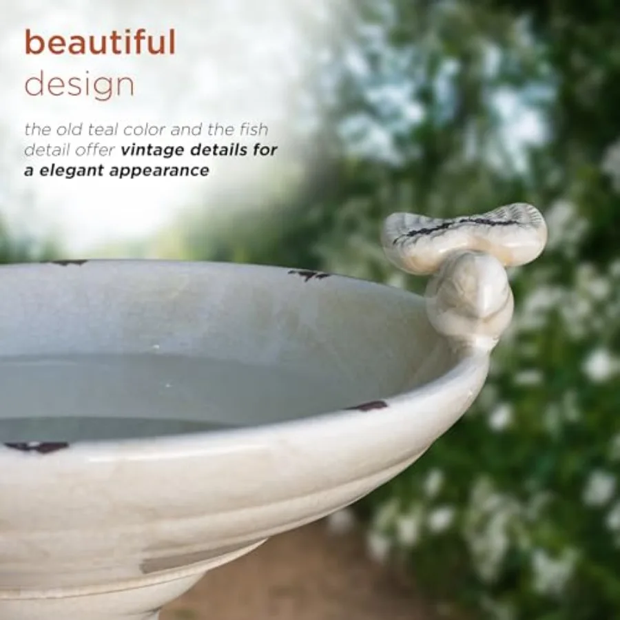 Antique Ceramic Birdbath 25 Inches Tall with 2 Figurines - Vintage Garden Bird Bath Bowl - view 7